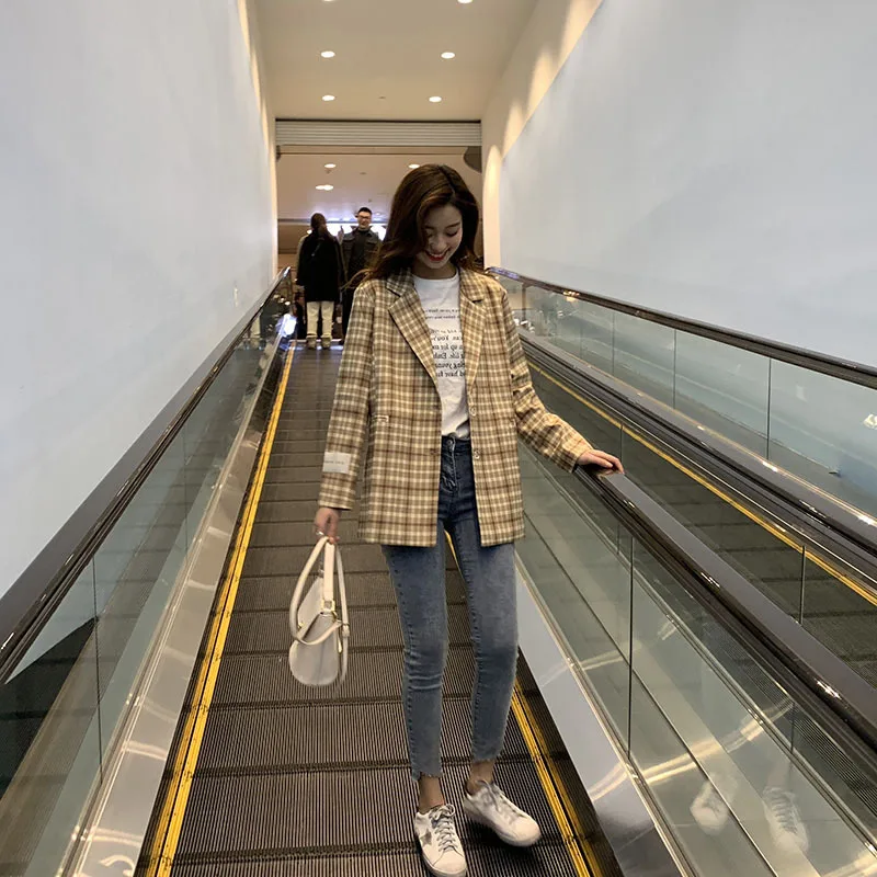 

2021 Spring Elegant OL Series Blazer Women Single-breasted Khaki Feminino Coat Plaid Basic Jacket Office Femme Korean Clothing