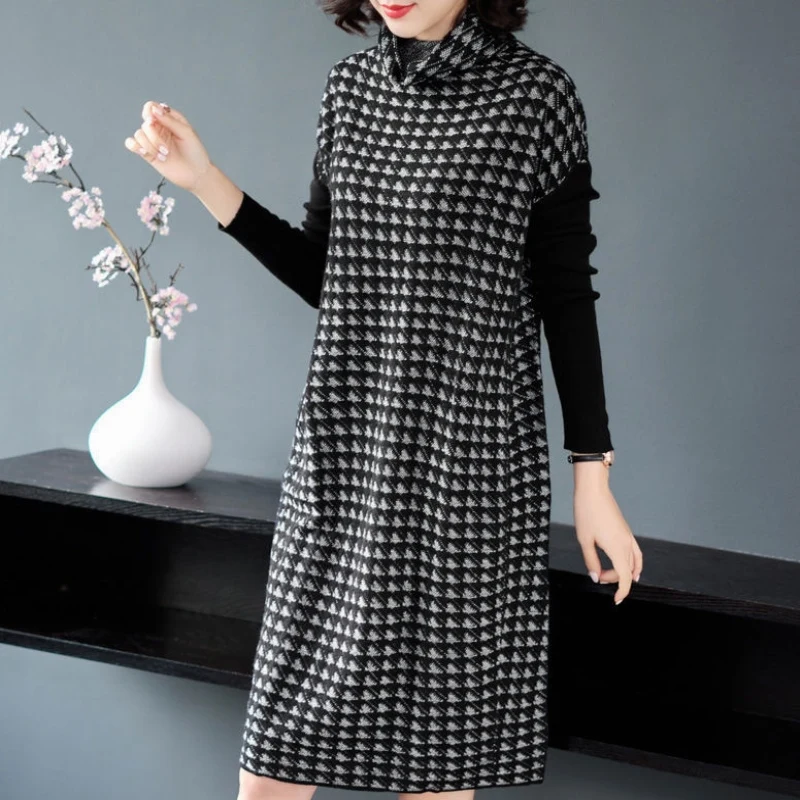 

Winter Vintage Casual Houndstooth Midi Cashmere Sweater Dress 2022 Autumn Long Sleeve Elegant Bodycon Women Turtleneck Pullovers