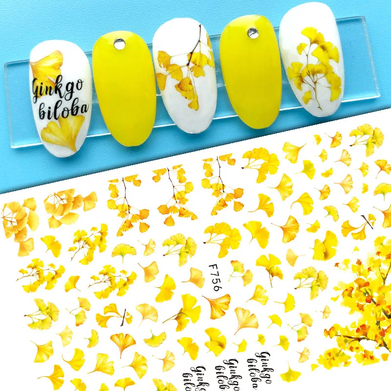 

Autumn Winter Ginkgo Leaf Transfer Stickers For Nails 3D Flowers Leaves Self Adhesive Sliders Nail Decals DIY Manicure Wraps