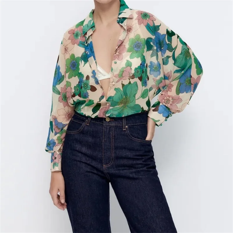 

MESTTRAF Women 2021 Fashion Floral Print Loose Blouses Vintage Long Sleeve Button-up Female Shirts Streetwear