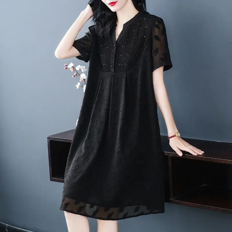 

Women dress High-grade chiffon black dress female 2021 new summer large size women's famous short sleeve thin obstruction belt