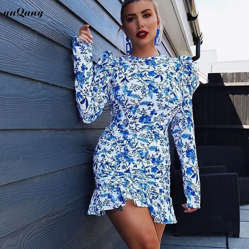 Женское мини платье с цветочным принтом yuqung облегающие платья длинным рукавом и