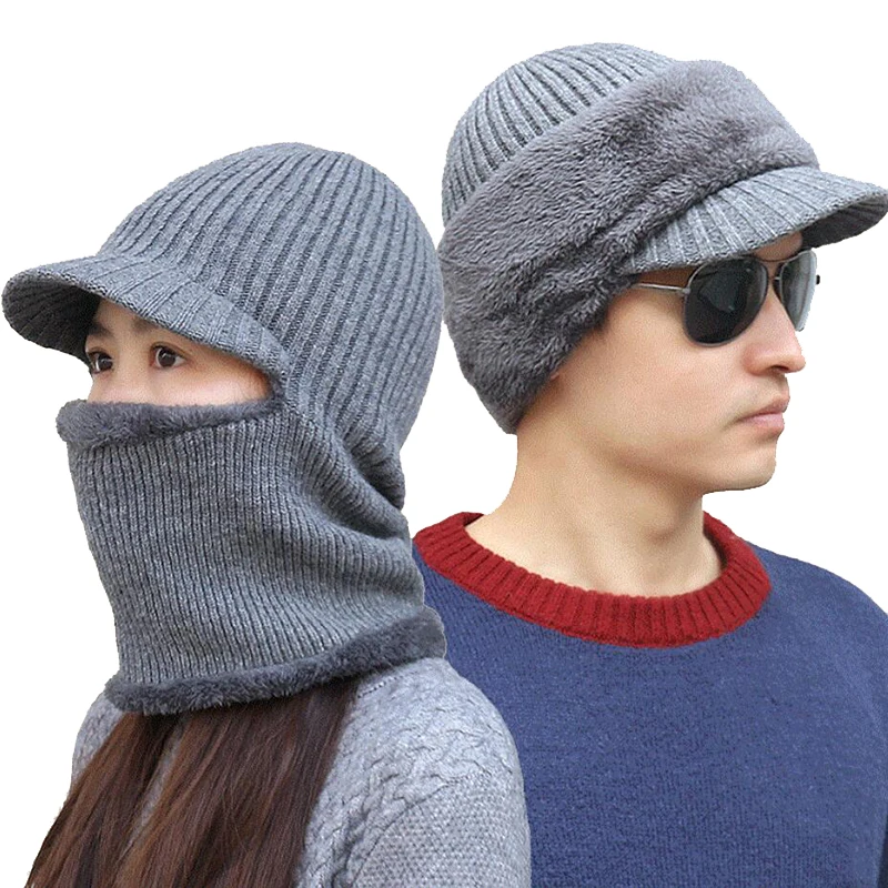 

YGYEEG Neck Warmer Winter Hat Cap Scarf Splicing Women For Men Knitted Beanie Skullies Beanies 2020 New Mask Outdoor Thick Warm