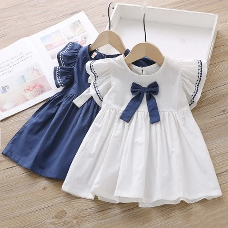

Girls Dress Kids Summer Clothes for 2 3 4 5 6 Year Girl Sweet Bow Toddler Children Princess Clothing Solid Color A-line Costume