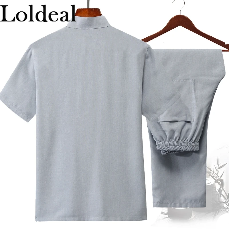

Loldeal Chinese Style Short-sleeved Shirt Set Men Slim Linen Embroidery Stand Collar Casual Hanfu + Pants