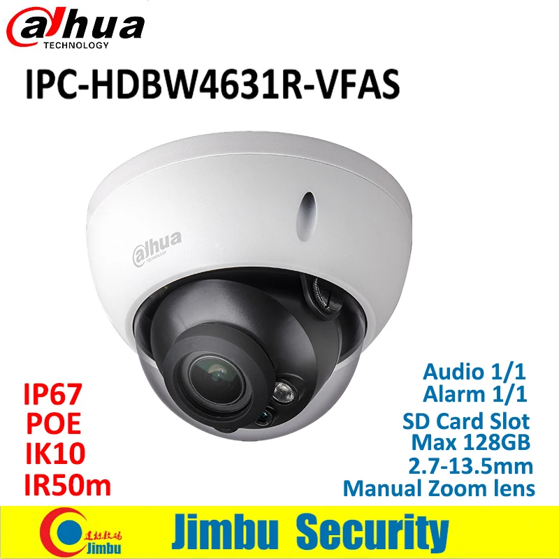 Dahua IP камера 6MP IPC HDBW4631R VFAS POE 2 7 13 5 мм H.265 ручной зум объектив IR50m IK10 CCTV со слотом для sd