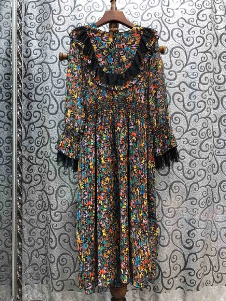 

Newest Fashion Dress 2020 Spring Style Women O-Neck Vintage Flower Print Black Lace Patchwork Long Sleeve Mid-Calf Length Dress