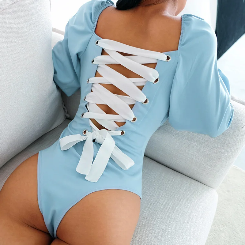 

Bodysuit Women Long Flared Sleeves Backless Lace Up Square Collar Bodysuits Spring Solid Casual Elegant Female Jumpsuit 2021