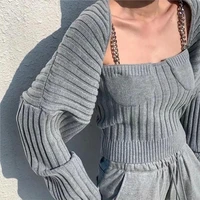 2021 autumn new sexy chain camisole lantern sleeve long sleeve blouse knitted two piece female