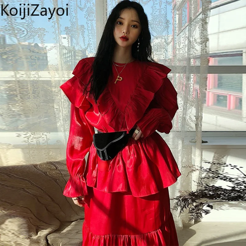 Женское платье макси с оборками Koijizayoi элегантное модное красное длинным рукавом