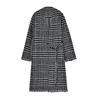 long coat women elegant style 60 wool blended shell plaid v neck tassel edge long sleeve pockets lace up coat lady new fashion