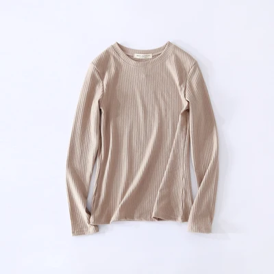 o neck beige Новые тонкие женские трикотажные футболки с длинным рукавом и круглым вырезом, однотонные обтягивающие повседневные топы, зимние вязаные топы с высоким воротом - Цвет: o neck beige