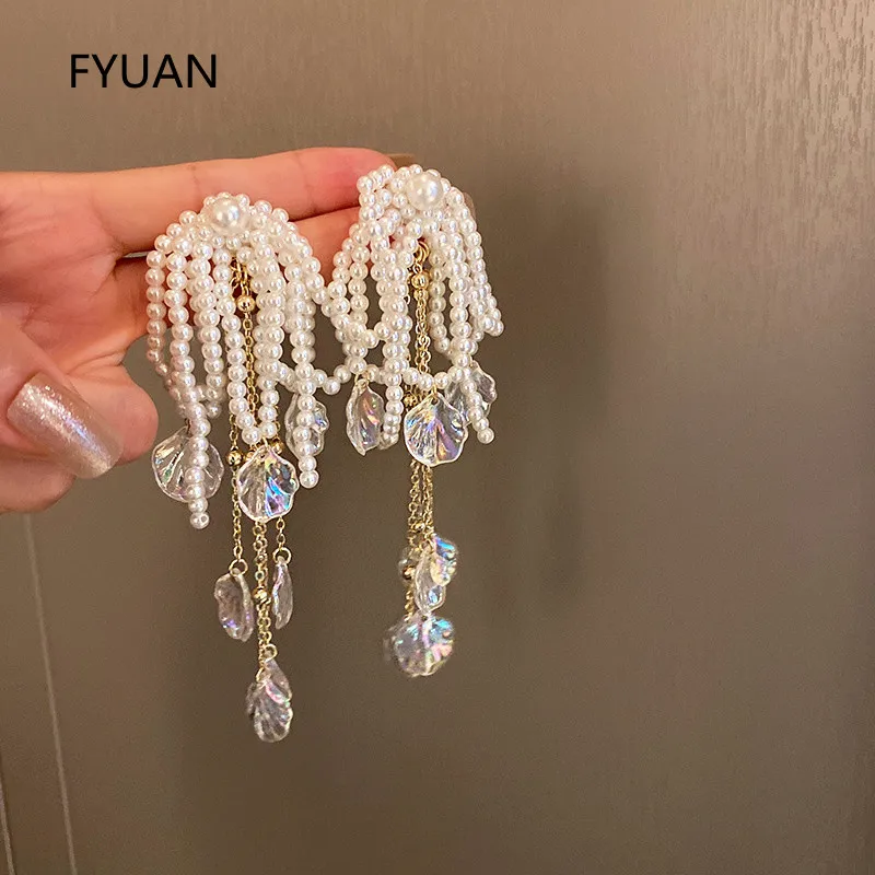 

FYUAN New Design Pearl Earrings for Women Bohemia Long Tassel Dangle Earrings Statement Jewelry