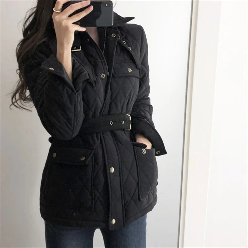 

2020 Hot Sale Limited Zipper Full No Standard Broadcloth Slim Solid Pockets Woman Winter Jacket Pocket Buckle Waist Cotton Coat