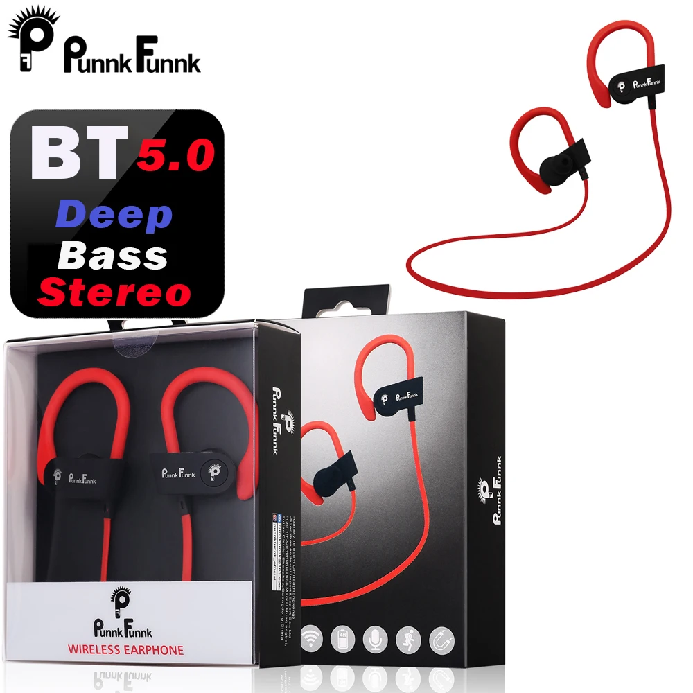PunnkFunnk, Bluetooth наушники, беспроводные наушники, bluetooth 5,0, спортивные, с шумоподавлением, глубокие стерео наушники/микрофон для iphone, samsung - Цвет: Red Original Pack