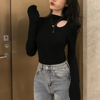 half high collar solid color long sleeved t shirt womens korean style slimming slimming bottoming shirt with clavicle exposed