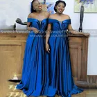 Royal Blue атласная трапециевидной формы, платье подружки невесты, платья с бантом для девочек с открытыми плечами в африканском стиле на высоком каблуке длинные Свадебная вечеринка платье