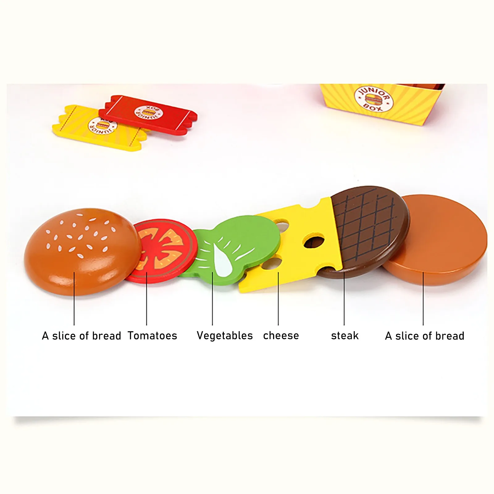 

Baby Toy Kids Kitchen Pretend Play Toys Simulation Wooden Hamburger Fries Fast Food Model Set Burger Set House Toys For Children