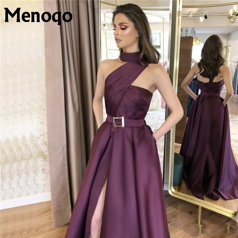 

Elegant New Arrival Women Formal Halter Evening Gown Satin Prom Dress Split vestido formatura
