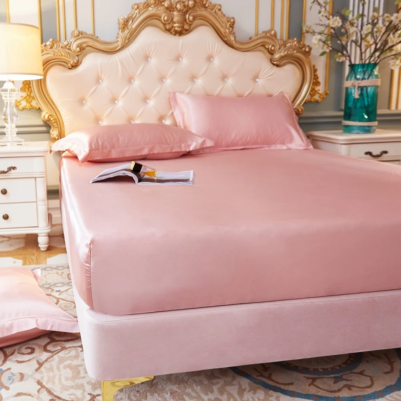 

Hot Sale Bedsheet Satin Silk Fitted Sheet High-End Solid Color Mattress Cover Elastic Band Bed Sheet 180x200cm 150x200cm