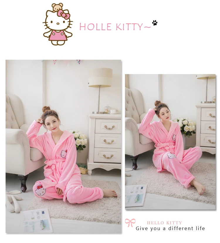 Женская фланелевая ночная рубашка hello kitty с длинным рукавом, банный халат, штаны, зимняя Милая Пижама с рисунком, Женская домашняя одежда, комплект одежды для сна