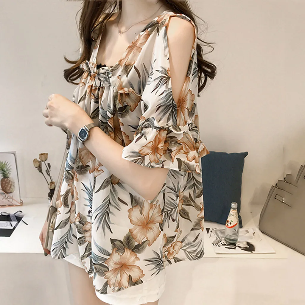 Женская блузка с оборками коротким рукавом и открытыми плечами|Блузки| |