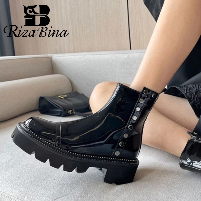 

RIZABINA Size 34-43 Women'S Ankle Boots Real Leather Rivets Winter Shoes Women Fashion Cool Short Boots Women Footwear