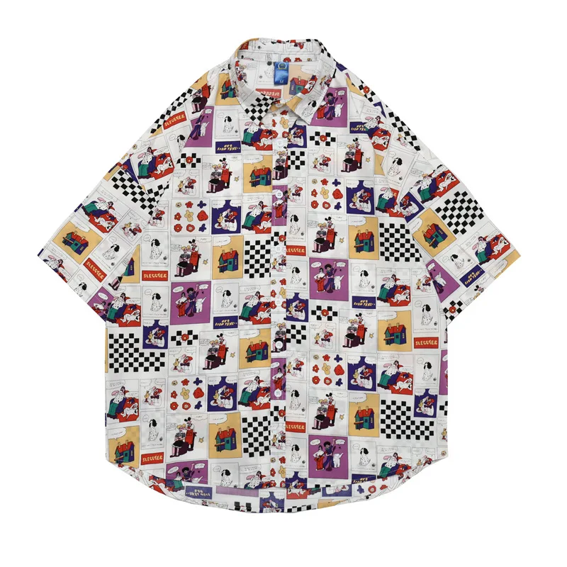 

Американская Уличная Повседневная Свободная рубашка с коротким рукавом и мультипликационным принтом, мужская летняя рубашка в гонконгско...