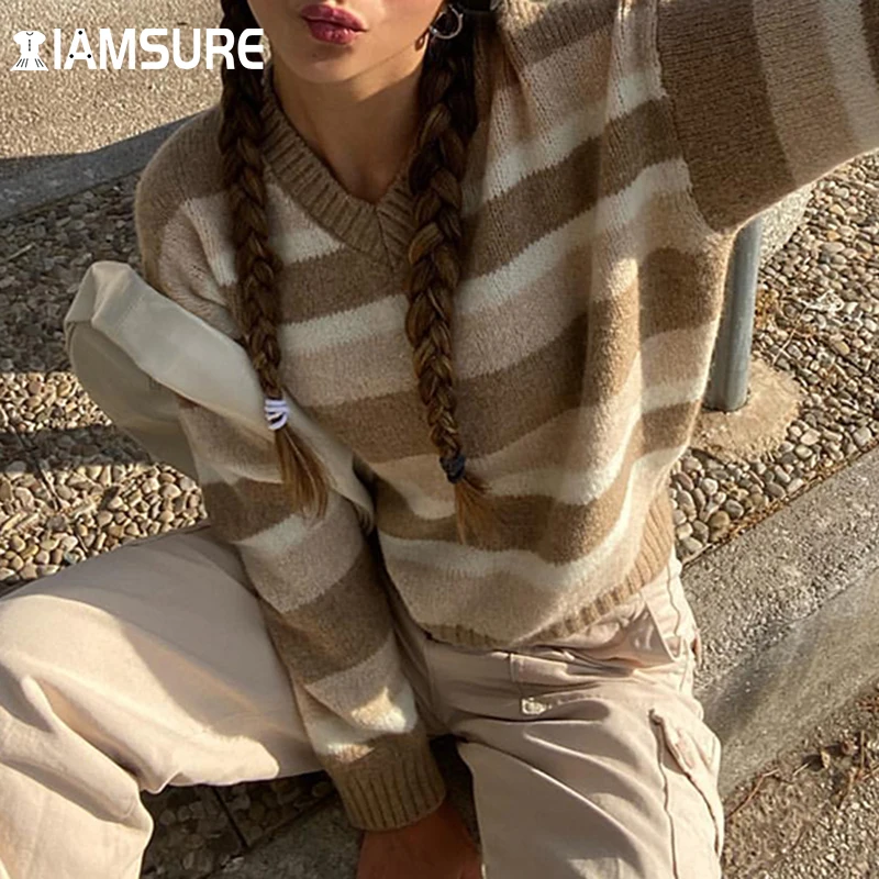 

IAMSURE Preppy Style Basic Stripped Sweaters Women 2021 Autumn Winter V-Neck Long Sleeve Knitted Pullovers Fashion Streetwear
