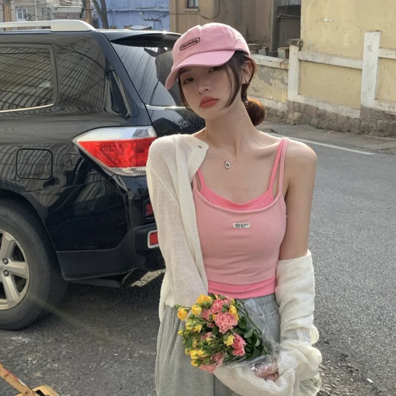 

Double Strap Cropped Top Summer Halter Top for Women Girl Femme Sexy Bustier Casual Clothes 2021 Camis Harajuku Kawaii Croptop