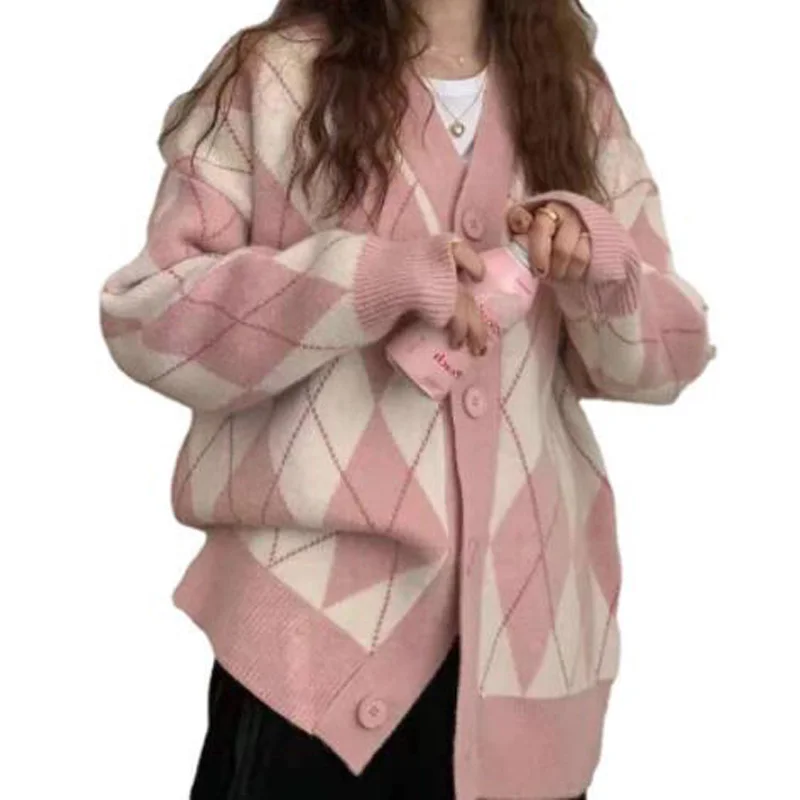 

2021 Autumn New Women Oversized Knitted Cardigan Diamond Lattice Loose Sweater Korean Fashion V-Neck Top Coat For Women
