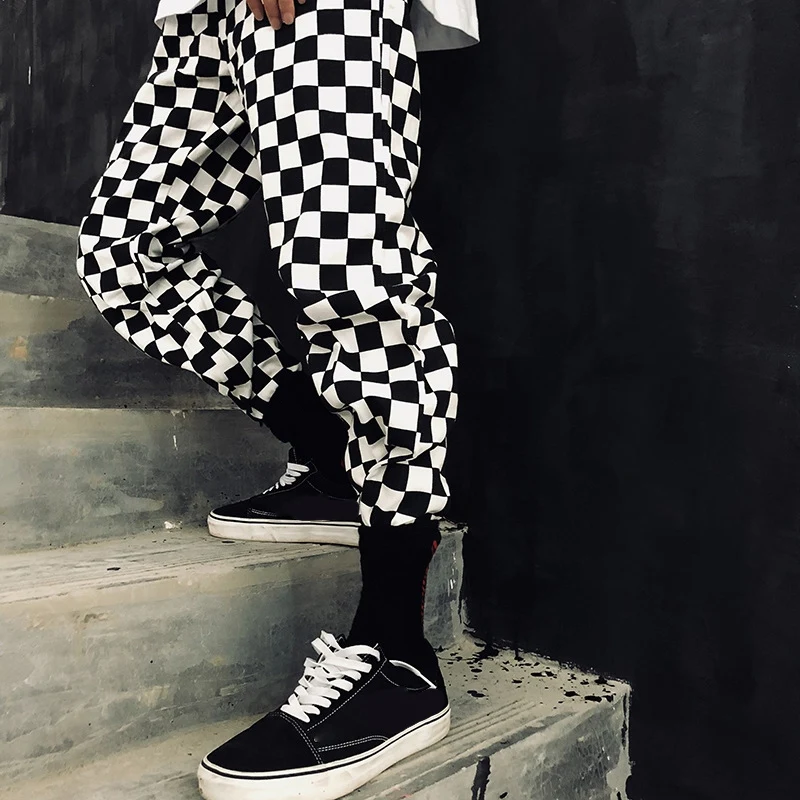 

Streetwear Plaid Women Pants Drawstring Full Length Pants Checkered Black and White Casual Wide Leg Pants Straight Trouser