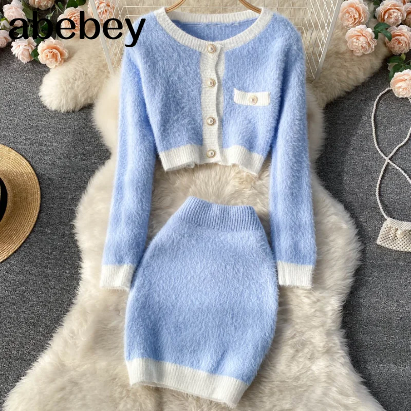 

Women Knitted Two Piece Sets Soft Sweet Short Cardigan And Skirts Suits Spring Sexy Bodycon Mini Skirt Outfit 2022 New