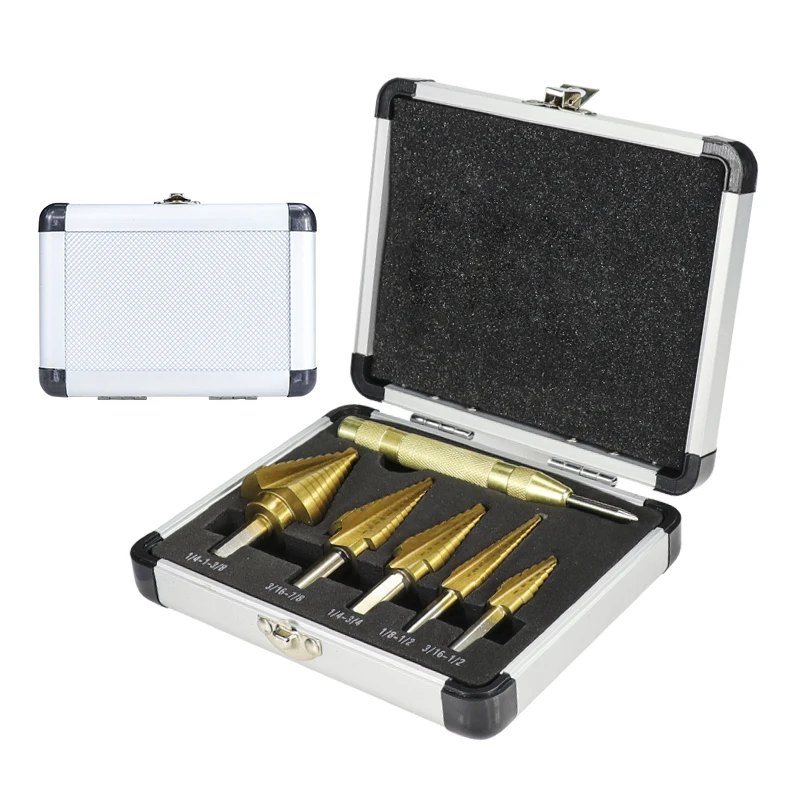 

6pcs HSS Step Drill Bit Set Titanium Coating Step Cone Drill With Center Punch Drill Imperial Core Drill Bit Metal Hole Drilling