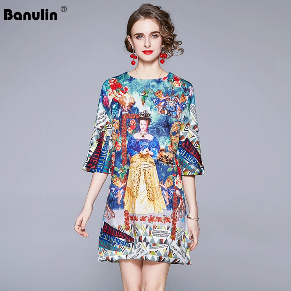 

Banulin 2021 Summer Fashion Runway Short Dress Women's Flare Sleeve Charming Floral Print Saint Beading Elegant Mini Dress
