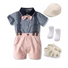 7 шт.компл., хлопковая Детская летняя одежда для новорожденных мальчиков, шапка в клетку, комбинезон, шорты, обувь, носки