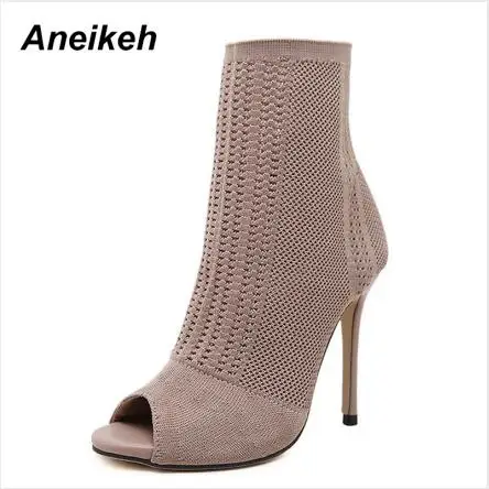 Apricot Aneikeh/ г. Модные женские ботинки с сеткой обувь до середины голени на тонком высоком каблуке женские пикантные свадебные туфли без застежки с открытым носком, цвет черный, зеленый, Размеры 35-40 - Цвет: Apricot