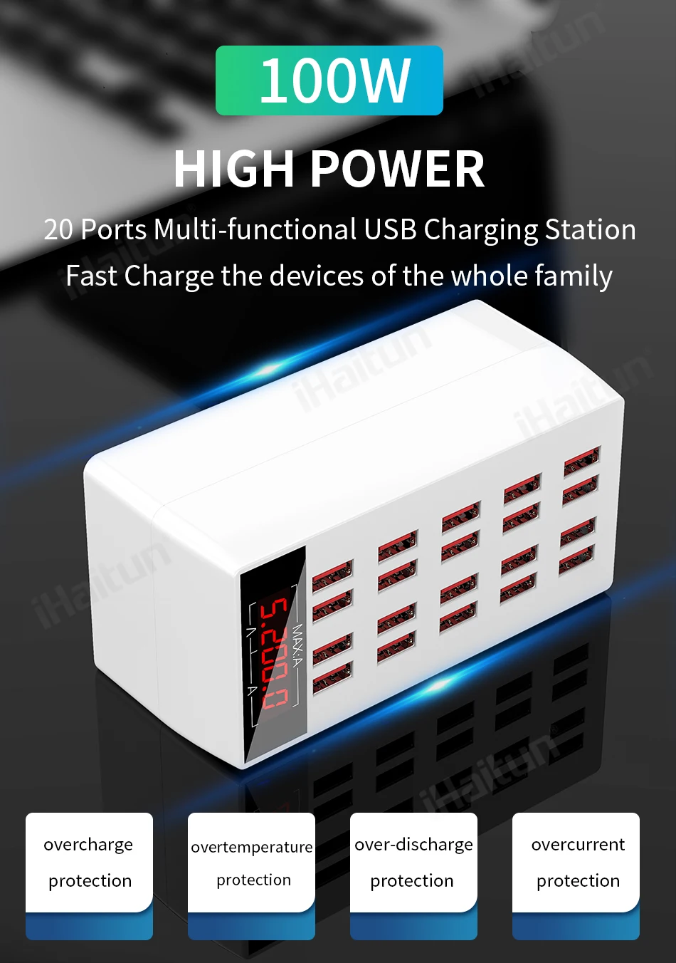 IHaitun 100 Вт 20A USB зарядное устройство светодиодный дисплей Быстрая мульти док-станция мощный Настольный быстрый адаптер для iPhone 11 Pro Max мобильный телефон