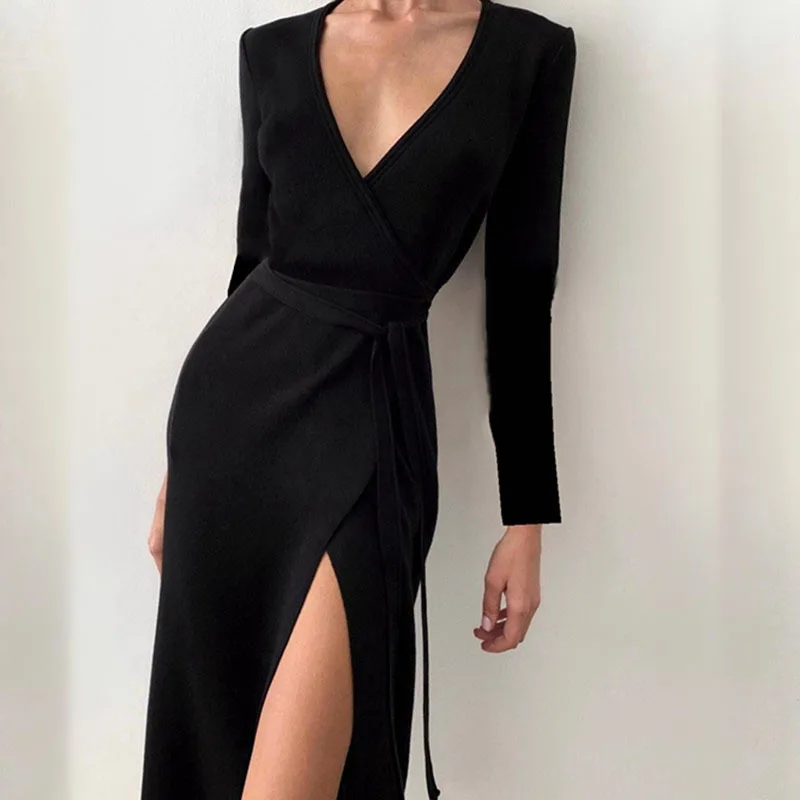 

Осеннее приталенное вечернее платье с перекрещивающимися спереди длинными рукавами, пикантное черное элегантное офисное женское платье н...