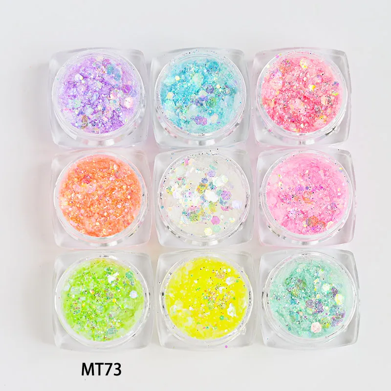 Блестки для дизайна ногтей 9 коробок разные размеры шестиугольные хамелеоновые