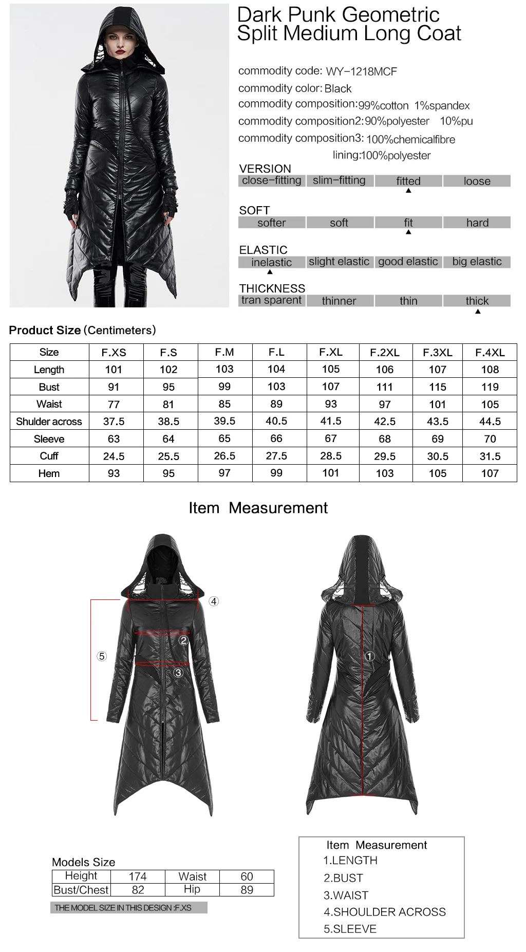 

PUNKRAVE Women's Punk Dark Geometric Split Asymmetrical Hem Long Jacket Hooded Zipper Cardigan Daily Casual Winter Cotton Coats