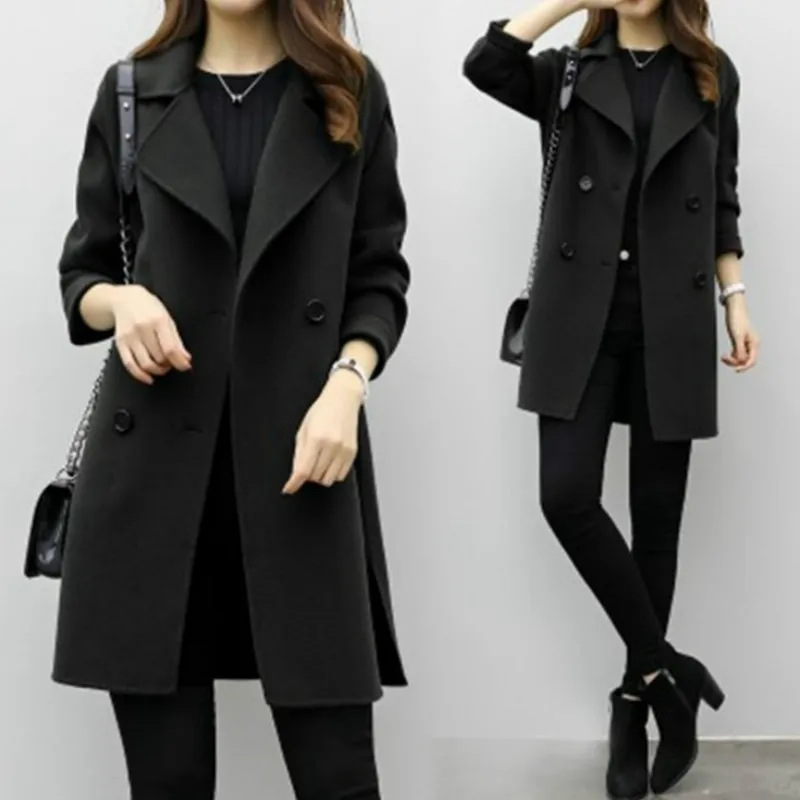 

Autumn and spring coat lapel double-breasted wool midi windbreaker loose long-sleeved jacket to keep warm 2020 women's clothing