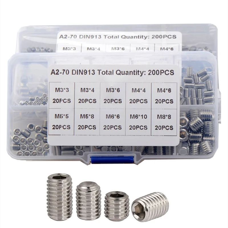 

200pcs Hex Hexagon Socket Set Screw Flat Point Grub Screw Assortment Kit stainless steel M3M4 M5 M6 M8 Headless Set Screw DIN913