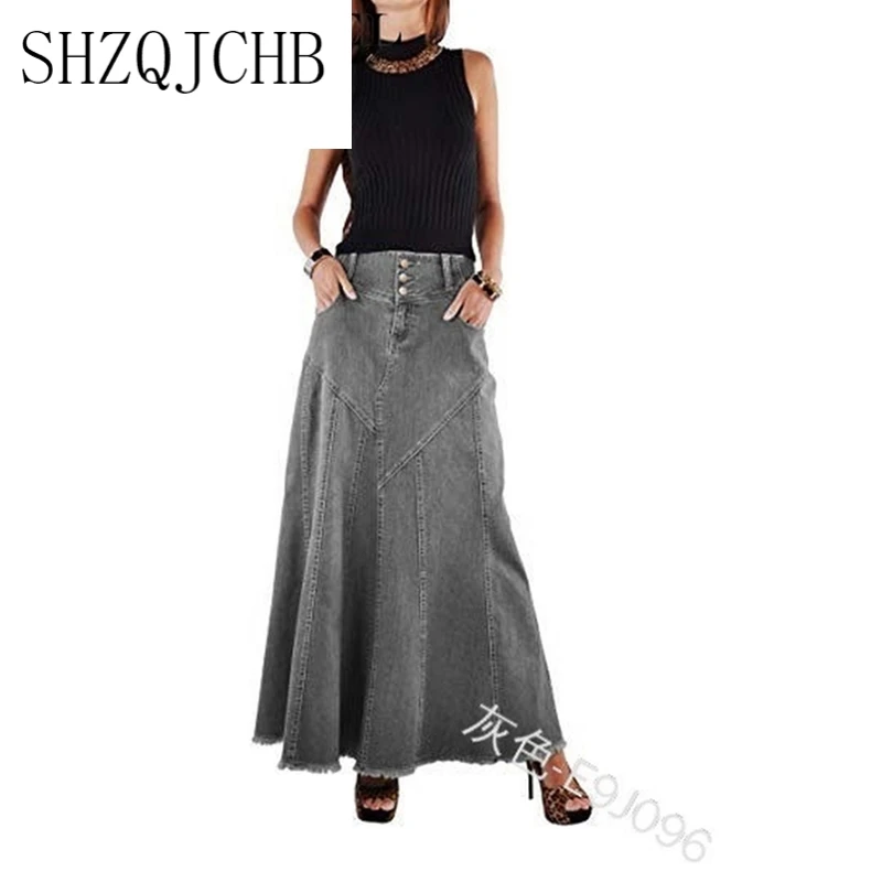 

JCHB Denim Jeans Women Long Skirt Stretch Vintage Loose Slim Fit Blue Club Streetwear Cotton Sexy Harajuku Skirts Plus Size