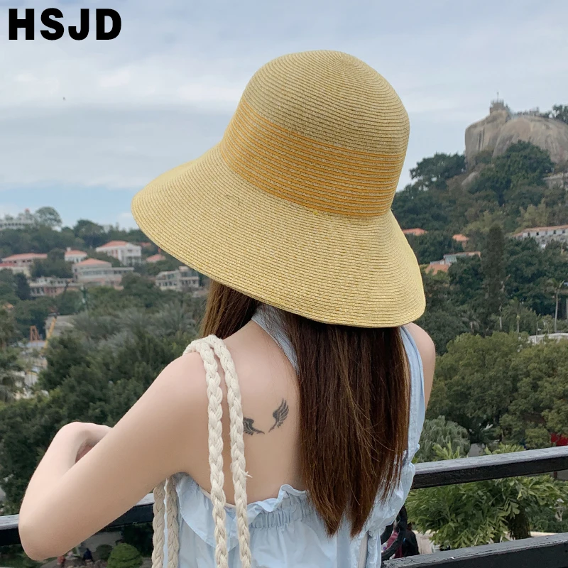 

2021 Wide Brim Foldable Anti-UV Beach Hats For Women Summer Caps Fashion Stripe Floppy Top Straw Hat Female Shade Caps Bonnet