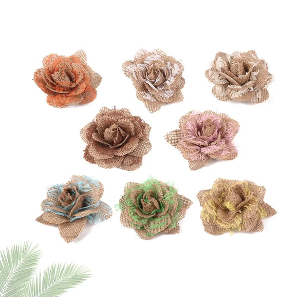 

8pcs DIY Linen Flowers Burlap Rose Flower Craft Decoration for Holiday Party Christmas Wedding Party (Set of 8 Colorful Lace Cam