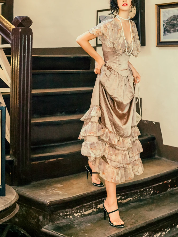 

ChunShang2021 Sexy V-neck Dress Noble Short Sleeve Party Long Mesh Noodle Leather With Spring and Autumn New Women's Dress