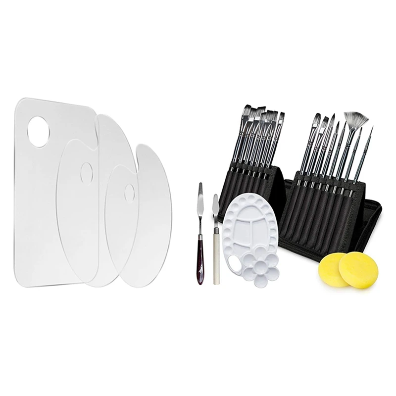 3 Pcs Acrylic Paint Palette Clear Art Palette & 15 Pcs Paint Brush with 1 Paint Tray, 2 Palette Knife and 2 Sponges