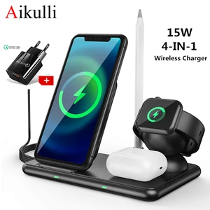 15w wireless charger stand 4 in 1 fast charging station for iphone 12 11 xr x apple watch 6 5 4 3 airpods pencil wireless charge free global shipping