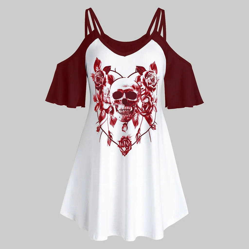 Женская летняя футболка с открытыми плечами принтом в виде черепа и цветов